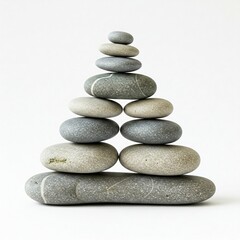 grey and beige stones stacked in a pyramid on white background