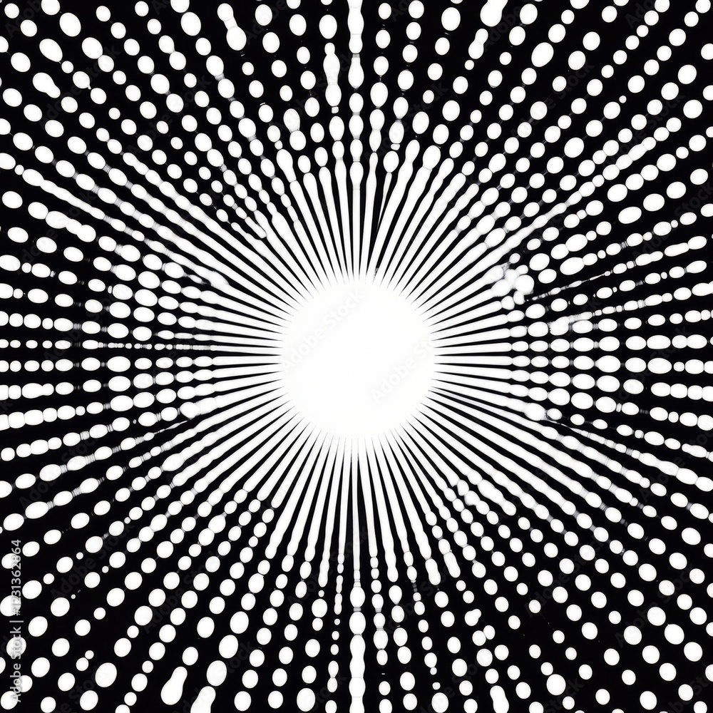Poster dynamic black and white abstract pattern with radiating lines and dots forming a striking optical il