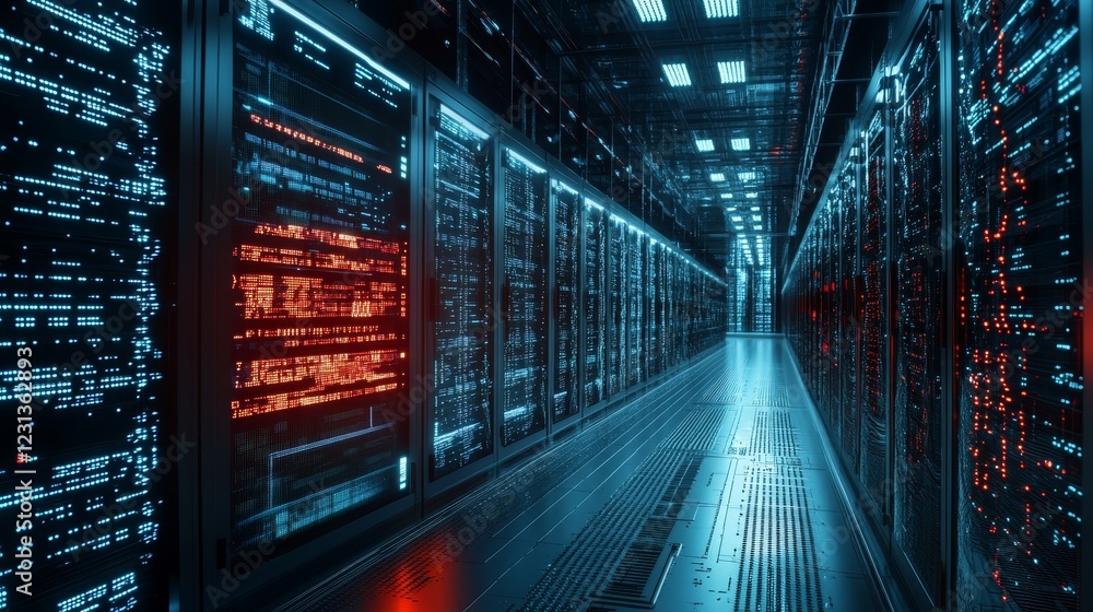 Poster exploring high-tech data center infrastructure: the future of digital networks and storage solutions