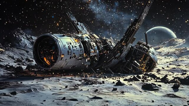 A crashed spacecraft on a desolate lunar-like surface under a star-filled sky with Earth in the distance.