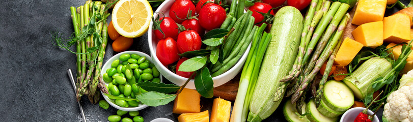 Delicious raw fruits and vegetables on  background.