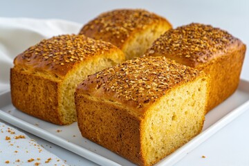 Freshly Baked Loaves of Bread with Oats on Top Presented on a White Plate