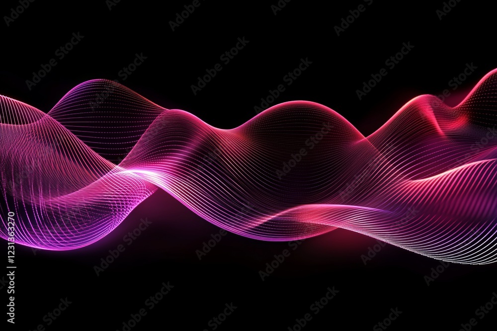 Poster dynamic abstract digital waveform with vibrant pink and purple lines on a black background, perfect 