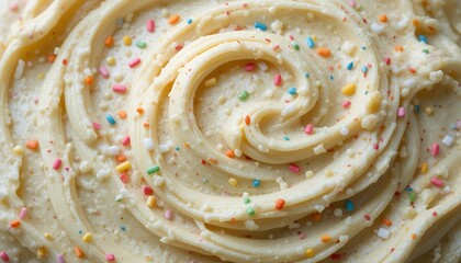 Close-up view of delicious vanilla buttercream frosting with colorful sprinkles, swirls, and creamy texture, perfect for baking and dessert decoration.