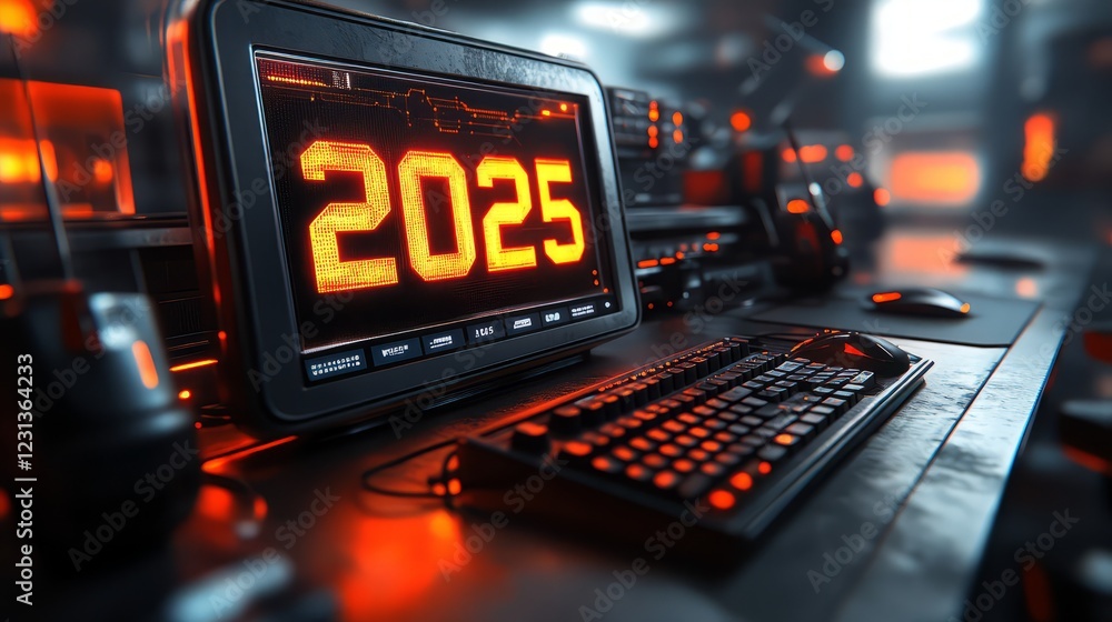 Poster futuristic computer setup displaying the year 2025 with glowing orange accents.