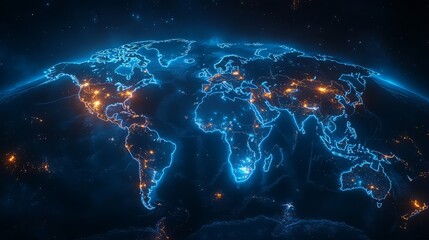 Futuristic glowing world map with electronic light connections and vibrant details.