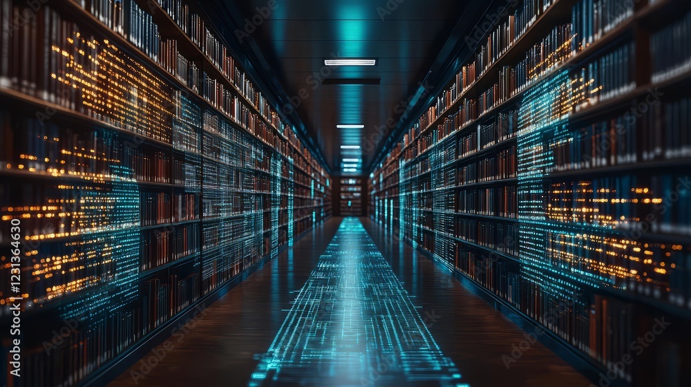 Poster futuristic library with digital elements and illuminated bookshelves.