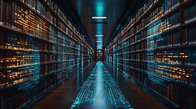 Futuristic library with digital elements and illuminated bookshelves.
