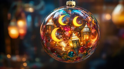 A spherical ornament filled with crescent moons, glowing lanterns, and festive glitter for Ramadan festivities.
