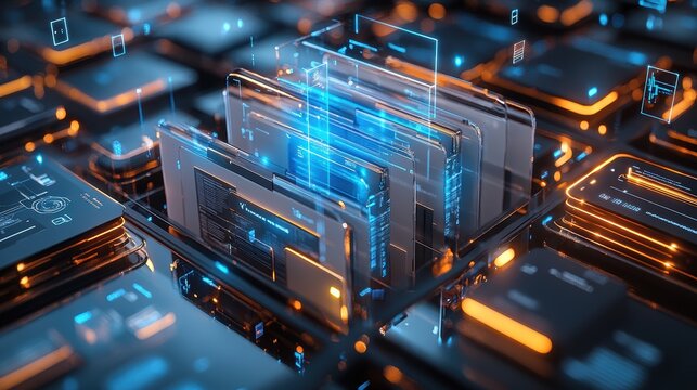 3D illustration a pristine white filing system transforming into digital holograms, floating documents automatically organizing themselves, clean corporate aesthetic, glowing accents, depth of field