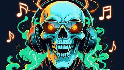 A stylized, blue skull with bright orange sunglasses and headphones is centered on a neon green background.