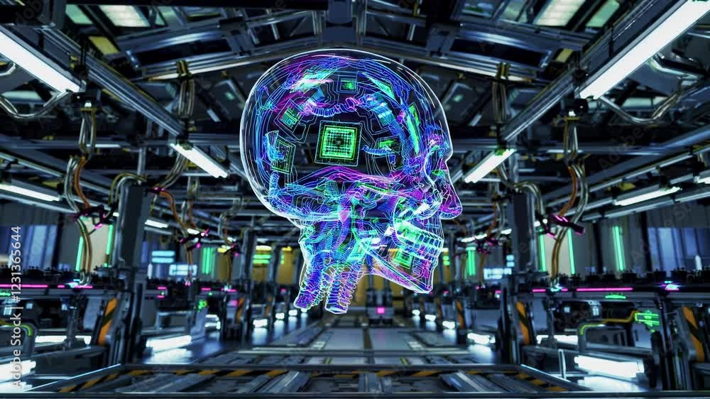 Poster A hyper-detailed transparent AI skull showcasing neon-lit processors and wiring, set within a bustling automated assembly line of a futuristic industrial complex.
