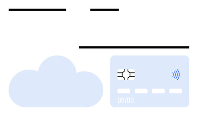 Credit card with contactless symbol, cloud shape, minimal layout. Ideal for fintech, cloud computing, payment systems, digital finance, data security, e-commerce abstract line flat metaphor