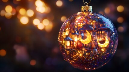 A spherical ornament filled with crescent moons, glowing lanterns, and festive glitter for Ramadan festivities.