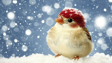 Adorable chubby bird in a tiny red snow-dusted hat amidst snowfall