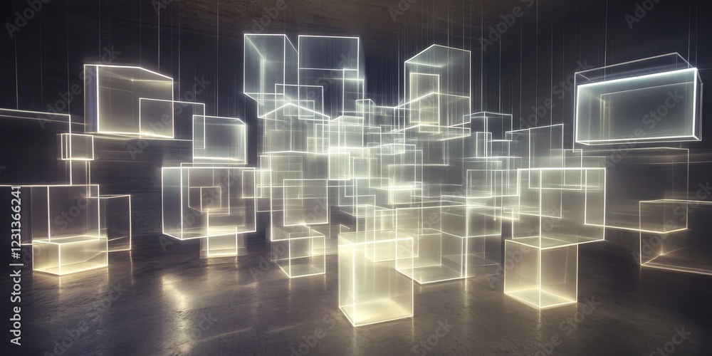 Poster a breathtaking installation of ethereal light boxes illuminated against a dark backdrop, creating a 