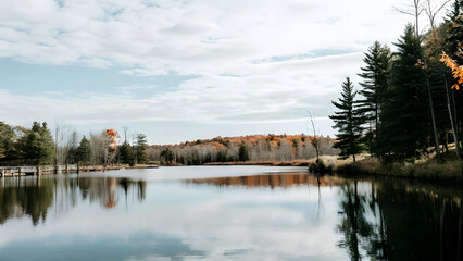 Colorful Autumn Valley with Maple Forest and Reflecting Lake. Perfect for: Autumn festivals, photography, Canada, USA