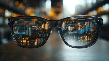 Smart glasses reflecting a digital cityscape filled with innovation and creativity.