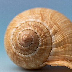 closeup of a detailed brown seashell with a spiral design against a blue background