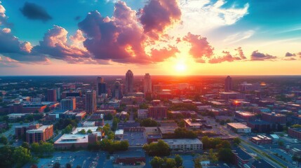 Aerial View of Downtown Greensboro Skyline During Golden Hour in North Carolina