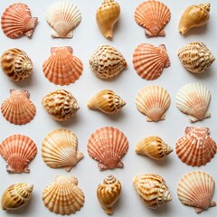 white background flat lay with colorful sea shells and seashells
