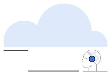 Human profile with AI gear symbols beside a large cloud shape. Ideal for AI, cloud computing, data storage, machine learning, innovation, technology integration, abstract line flat metaphor