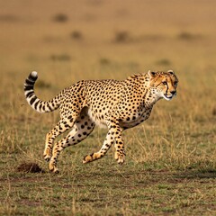 Obraz premium cheetah running in the savanna grassland in a blur of motion with a black and white tail in the serengeti national park