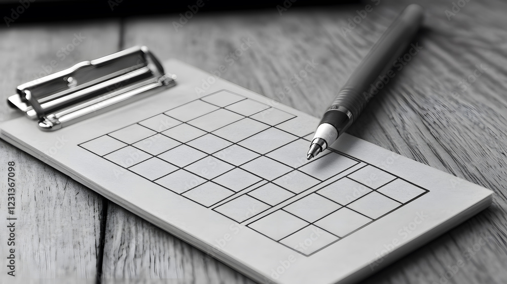 Poster a clipboard with a grid pattern and a pen rests on a wooden surface, suggesting organization and pla