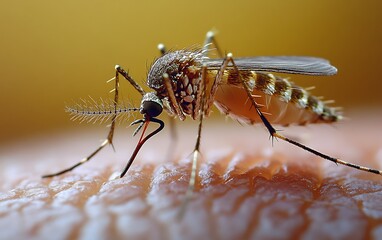 A close-up view of a mosquito landing on human skin, emphasizing the insect's features as it prepares to bite, symbolizing disease spread