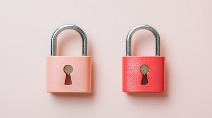 Fototapeta premium Two colorful padlocks, one pink and one reddish, sit side by side on a soft pink background, symbolizing security and protection