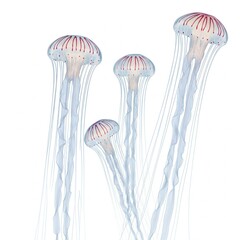 beautiful blue and pink jellyfish floating in the water against a white background