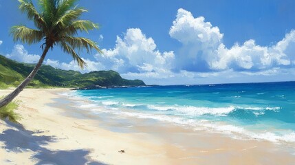 Idyllic Tropical Beach Scene with Palm Tree, White Sand, and Azure Ocean