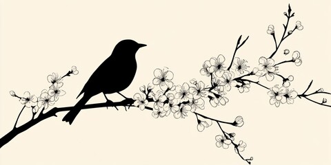 Fototapeta premium Silhouette Bird on Blooming Branch
