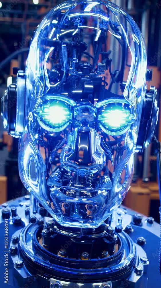 Poster a dramatic shot of a crystal-clear cybernetic head with pulsing led eyes, contrasting against toweri