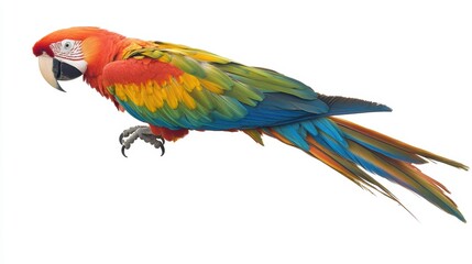 Fototapeta premium Colorful macaw parrot with vibrant feathers isolated on white background, ideal for tropical and exotic design projects.