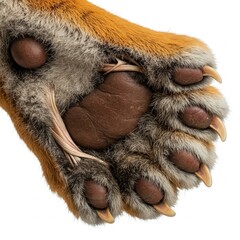 close up of a tiger paw with retractable claws  isolated on white background
