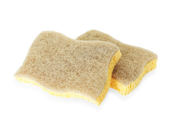 Two yellow sponges isolated on white. Cleaning supply