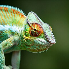 Fototapeta premium closeup vibrant green and orange chameleon with detailed texture looking at the camera