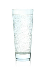 Refreshing soda water in glass on mirror surface isolated on white