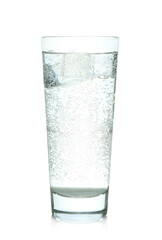 Refreshing soda water with ice cubes in glass on mirror surface isolated on white