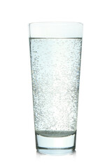 Refreshing soda water in glass on mirror surface isolated on white