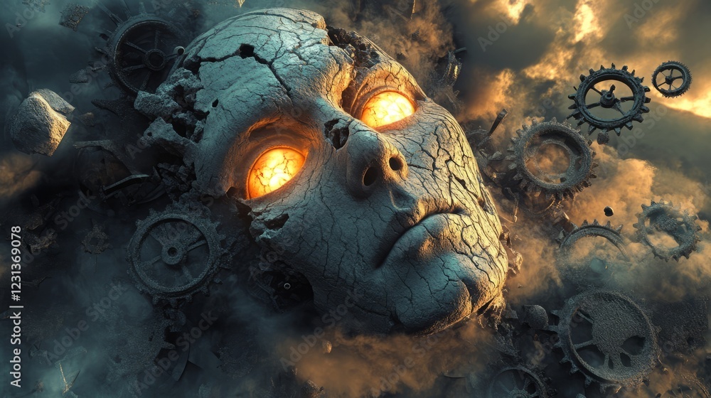 Poster a surreal image of a face made of gears and a skull. the face is surrounded by a variety of gears, s