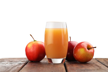 Tasty apple juice and fresh fruits on wooden table against white background