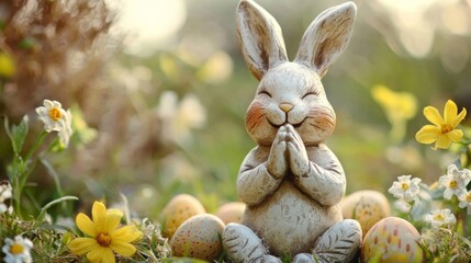 Fototapeta premium Serene White Bunny Figurine Surrounded by Colorful Easter Eggs and Yellow Flowers