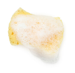 One yellow sponge with foam isolated on white, top view
