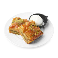 Delicious baklava with crushed nuts and ice cream isolated on white