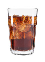 Sweet soda water with ice cubes in glass isolated on white