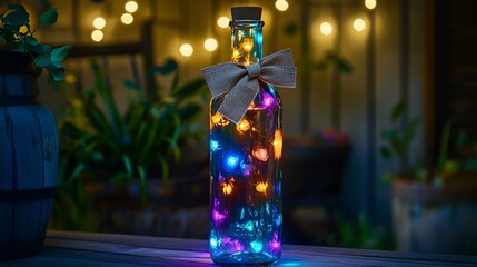 A tall glass bottle with glowing multicolor LED lights and a burlap bow for decoration.