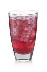 Sweet soda water with ice cubes in glass isolated on white