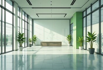Fototapeta premium Modern office lobby with large windows and plants